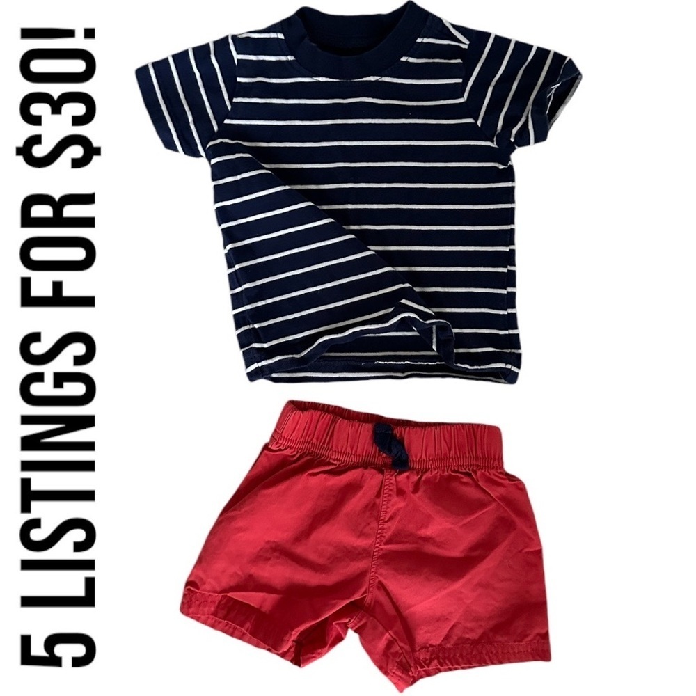 Carterโs 6 Month Baby Boy Striped T Shirt & Coral Shorts Set EUC
Bin 19